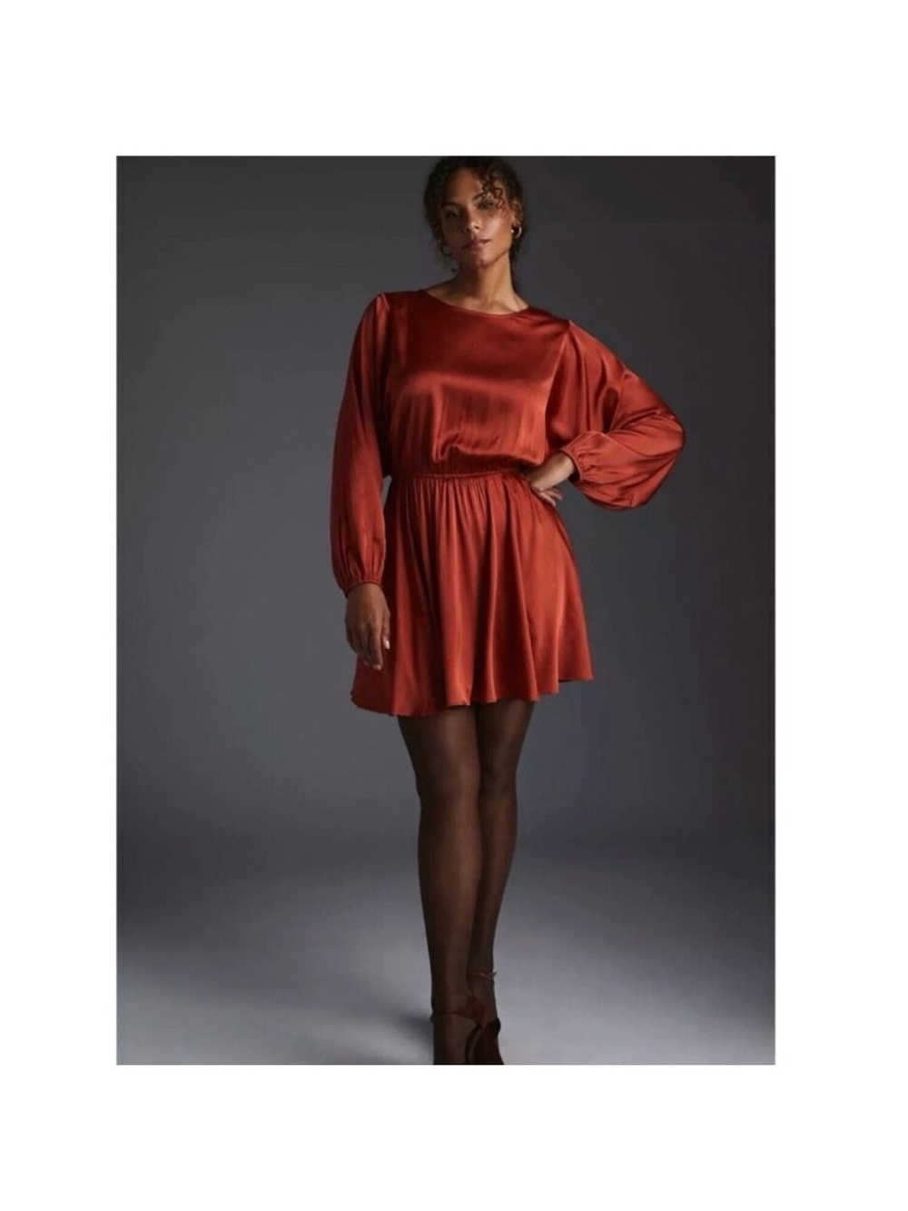 Satin Long-Sleeve Mini Dress in Rust
